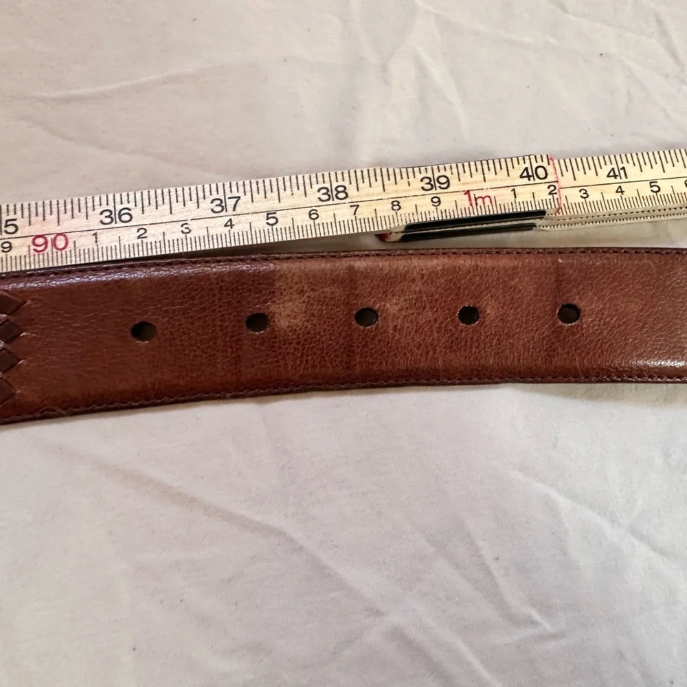 MEZLAN Woven Leather Belt Brown Silver Buckle Spain Size 38 Quiet Luxury